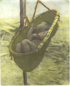229023 Een baby van de Marind-anim in slaap in een wiegje
